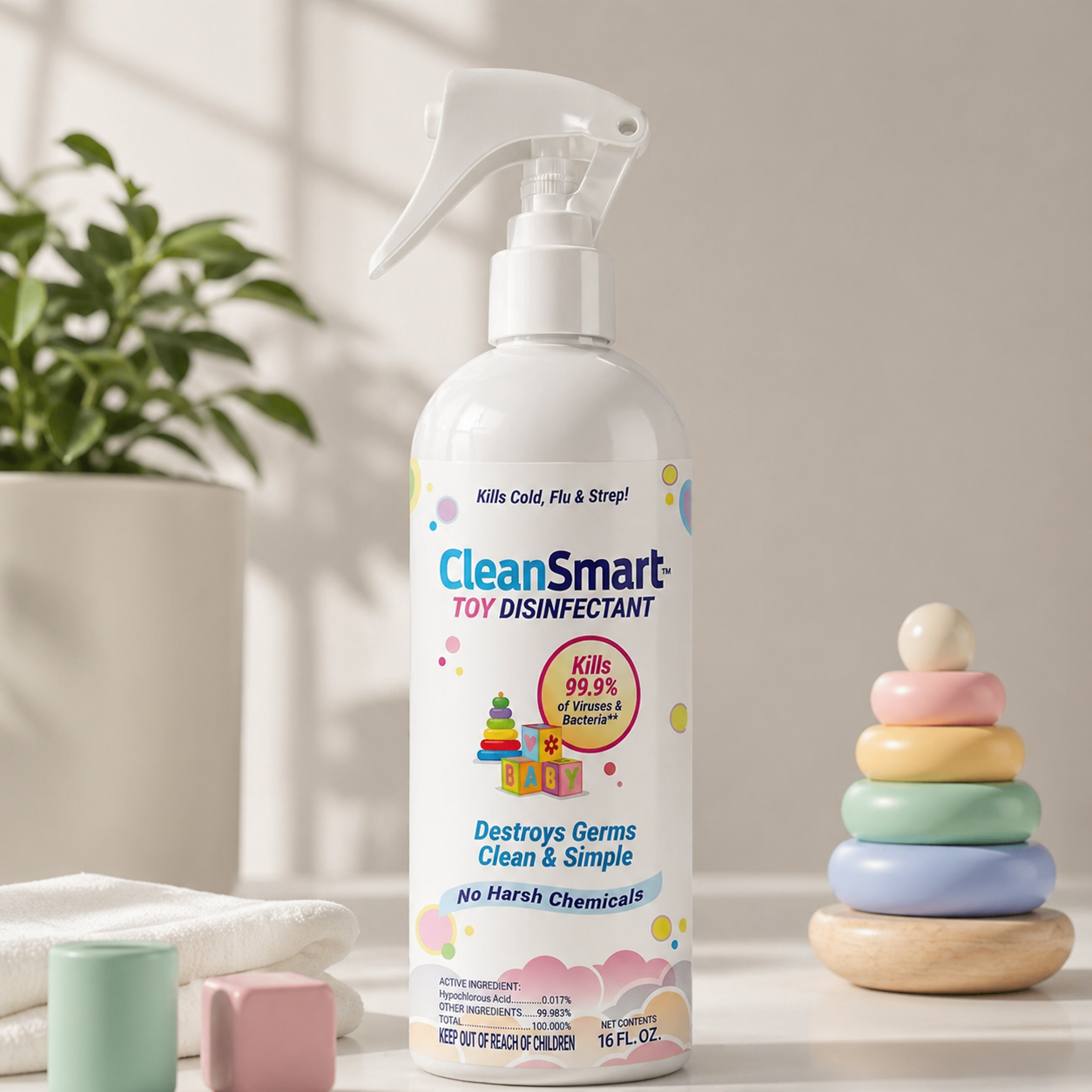 CleanSmart Spray desinfectante para juguetes mata el 99,9% de los virus y bacterias, sin enjuague