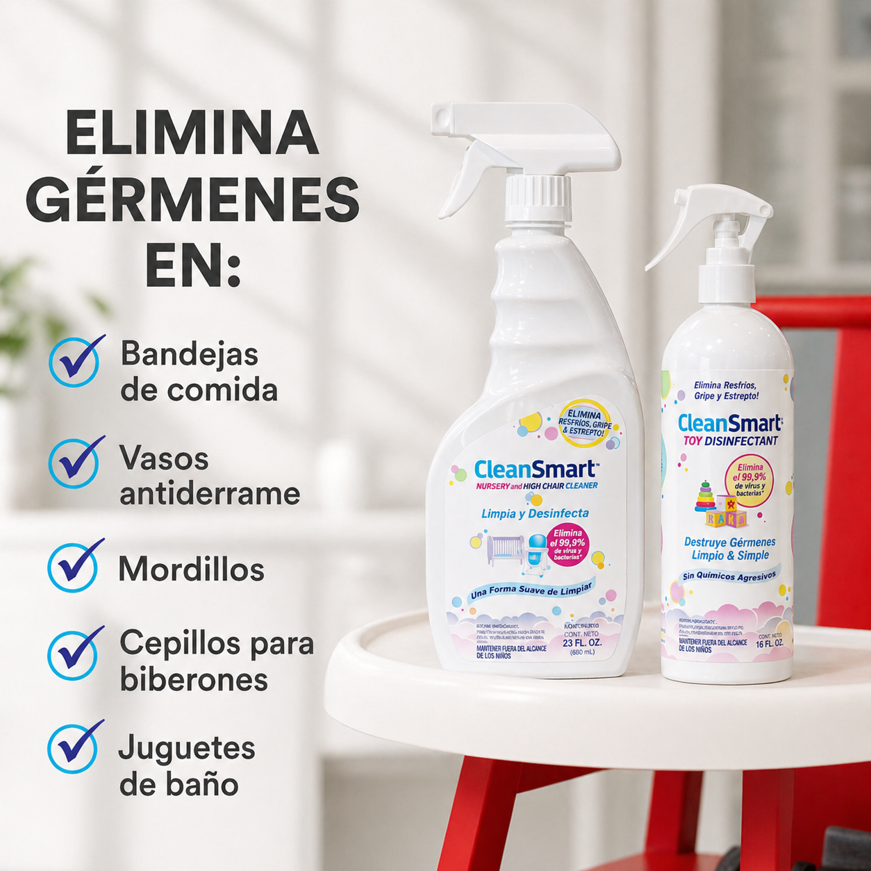 CleanSmart Spray desinfectante para juguetes mata el 99,9% de los virus y bacterias, sin enjuague